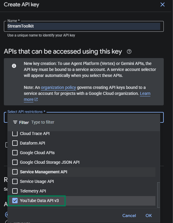 Select API restrictions